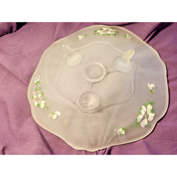 VTG Lancaster Frosted Depression Glass Shallow 3-Footed Dish Hand Painted Flower - Picture 2 of 11